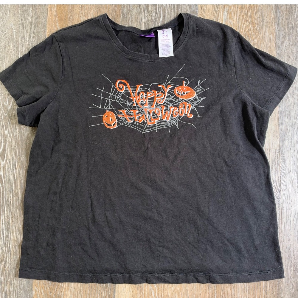 Frankenstein Happy Halloween T Shirt Ladies XL Black Soot Glitter Graphic Tee